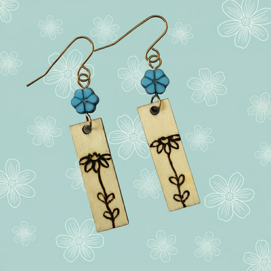 Earrings | Zentangles | Rectangle-shaped | Flower Design | Wood-burned | Czech Flower Beads| Small Size | 1.5"