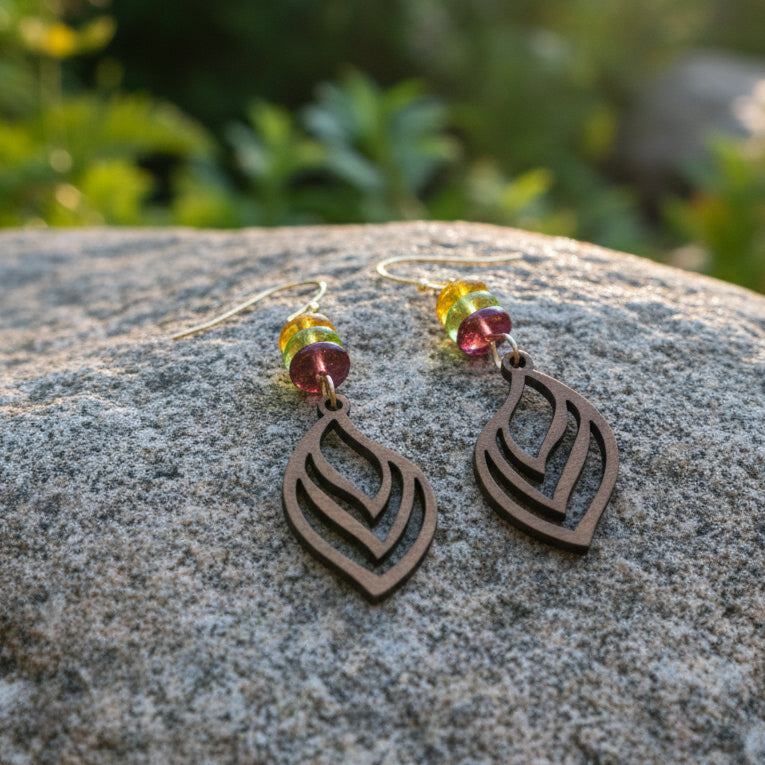 Earrings | Wooden Leaf Charms | Multi-colored Czech Glass Saucer Beads | 2.5"