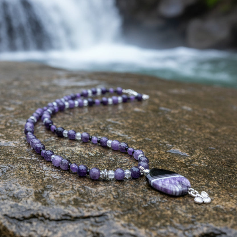 Necklace | Black & Amethyst Agate Pendant | Onyx | Purple Lepidolite & Amethyst Gemstones | 22”