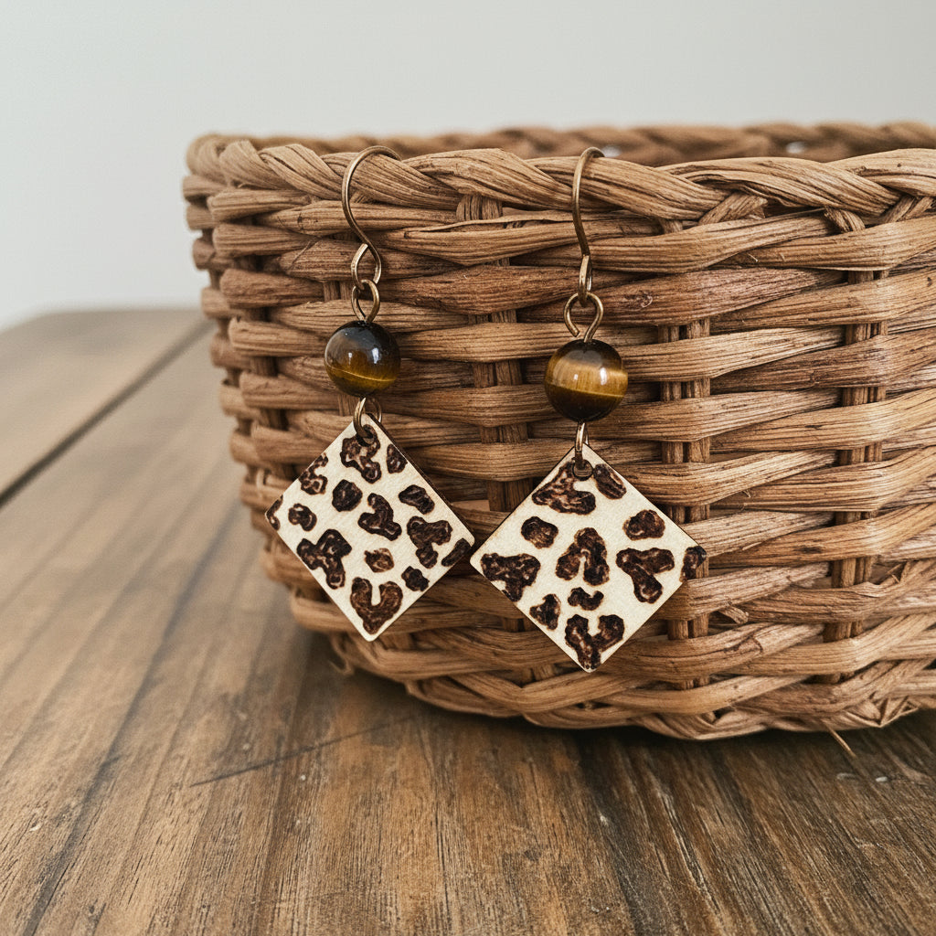 Earrings | Zentangles | Square Shape | Cheeta Design | Wood-burned | Tigereye Gemstone | Small Size | 1.5"