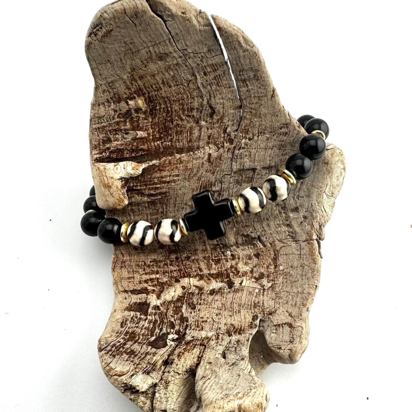 Bracelet | Zebra Jasper | Onyx Cross | Onyx Beads | Gemstones | 18K Gold-plated Hematiteh