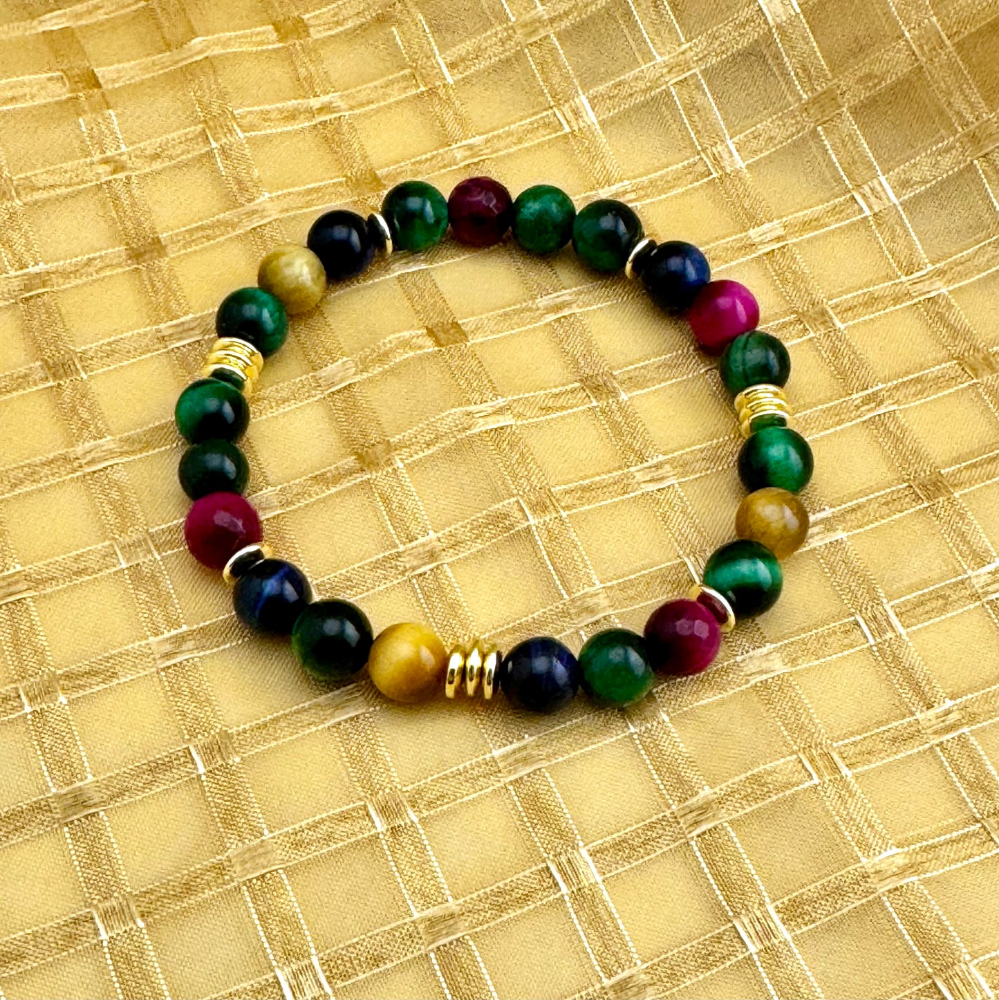 Tigereye Gemstones | 18K Gold-plated Spacer Discs | Triple Spacers | Bracelet