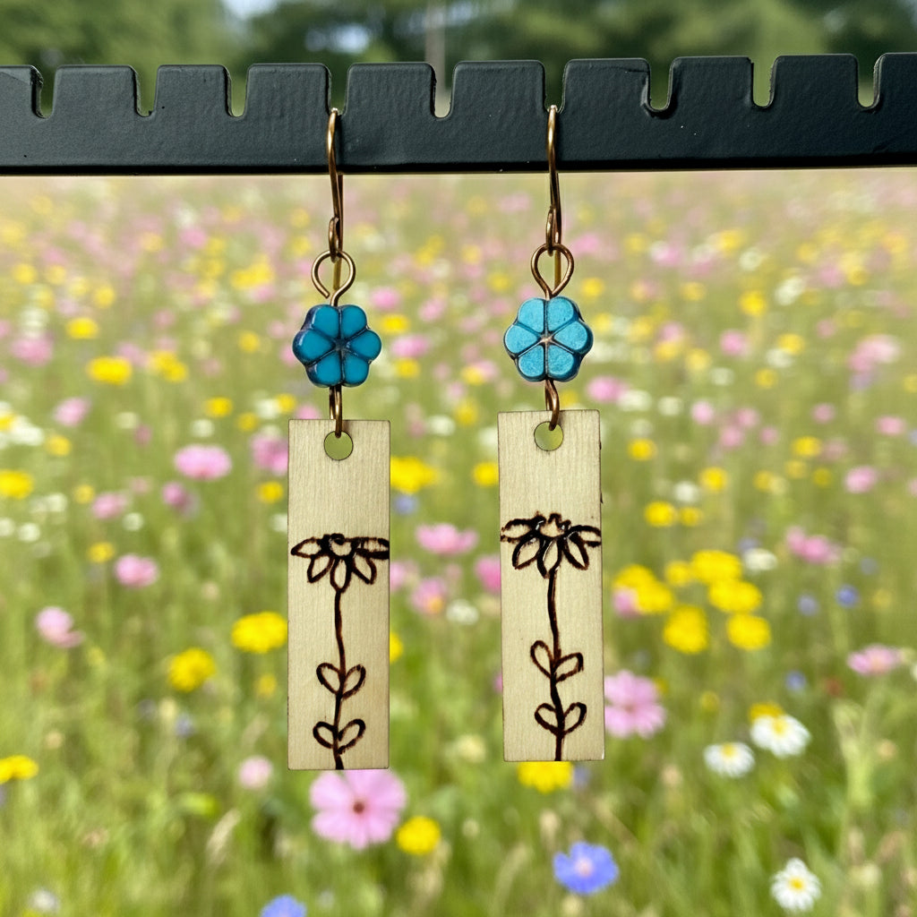 Earrings | Zentangles | Rectangle-shaped | Flower Design | Wood-burned | Czech Flower Beads| Small Size | 1.5"