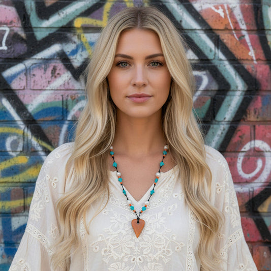 Leather Necklace | Red Aventurine Heart Pendant | Turquoise Magnesite Mini-Crosses | Misty Agate Beads | 18” | 2” Extention