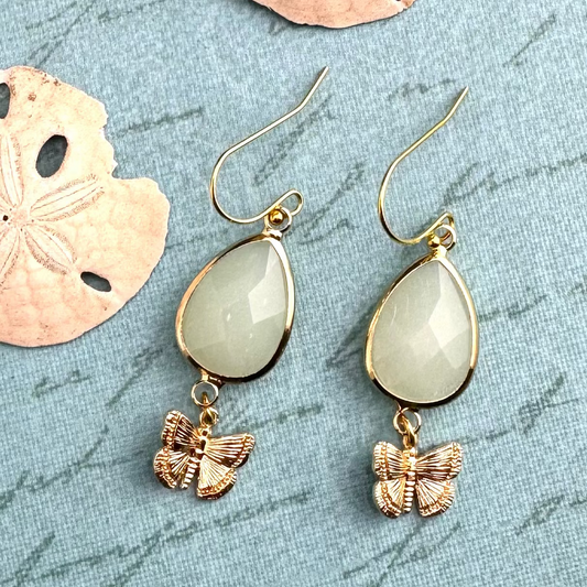 Earrings | White Jade Gemstone | Butterfly Charm | 18K Gold-filled | 1.75"