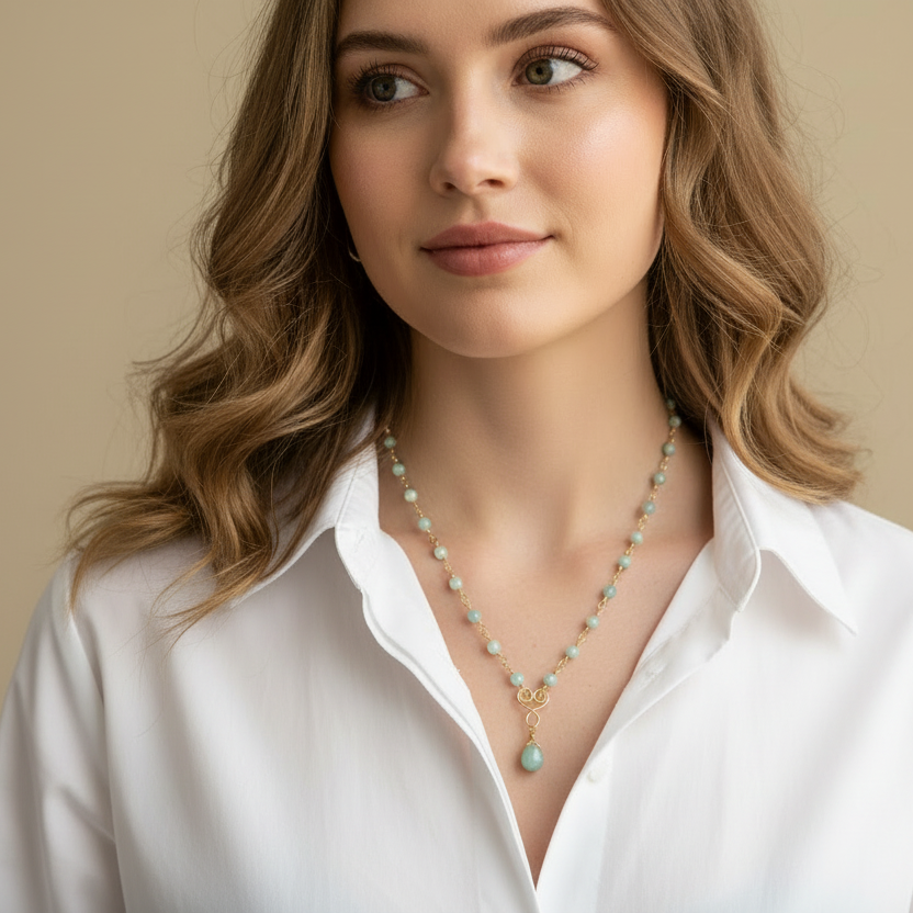 Amazonite Necklace made with Hand-wrapped Connectors and a Briolette Gemstone Pendant