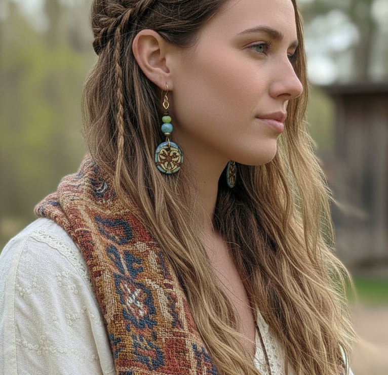 Ceramic Earrings with Gemstones and Wooden Beads 2.5”