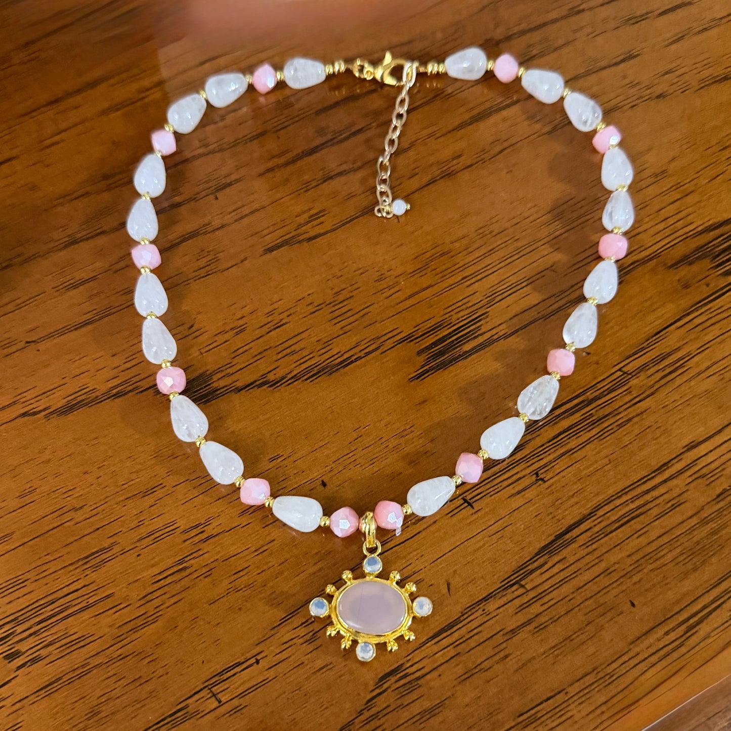 Pink and White Moonstone Necklace with Pink Chalcedony and Opal Pendant 16” with 2” Extension