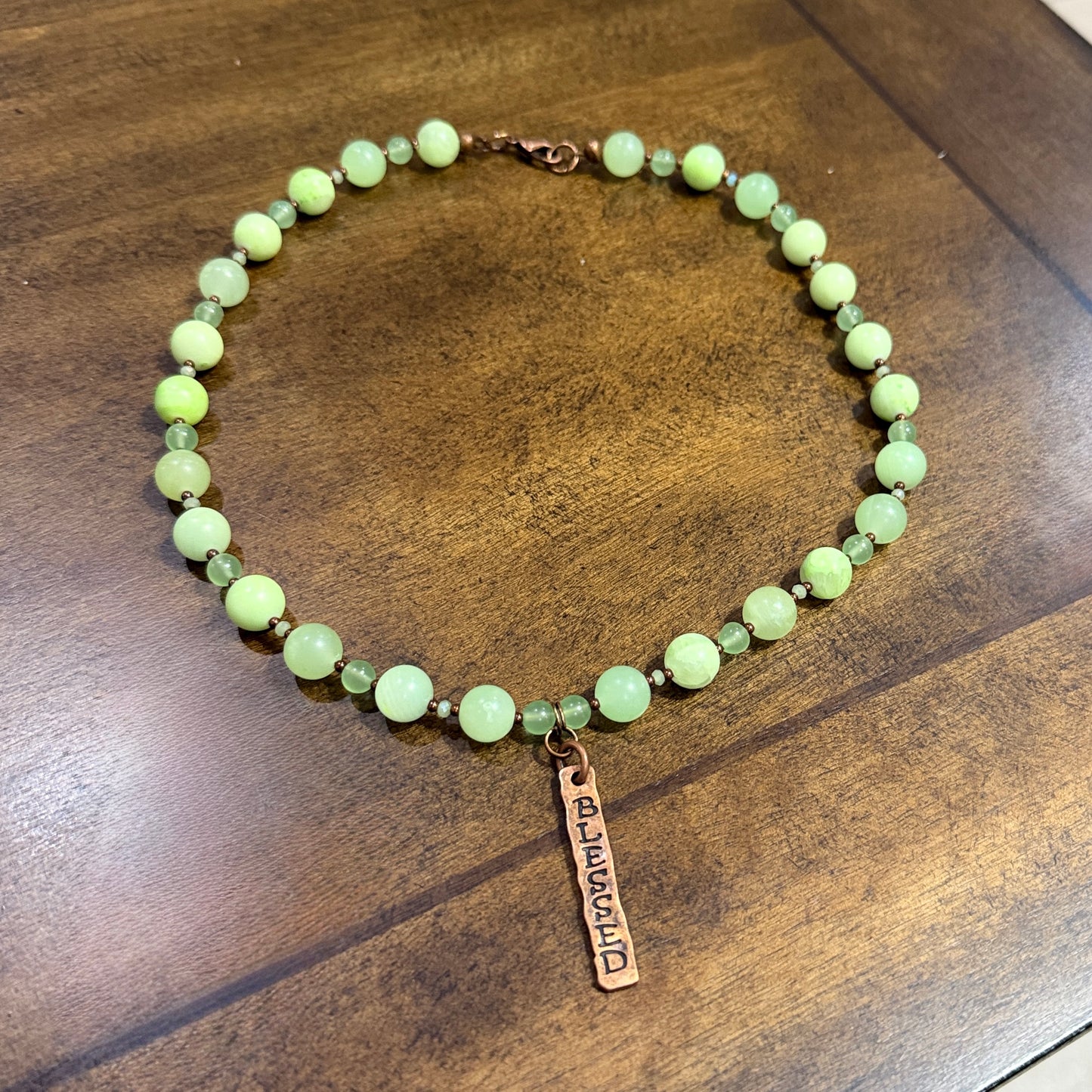 Green Chalcedony Gemstone and Copper Necklace with Blessed Pendant | 19”