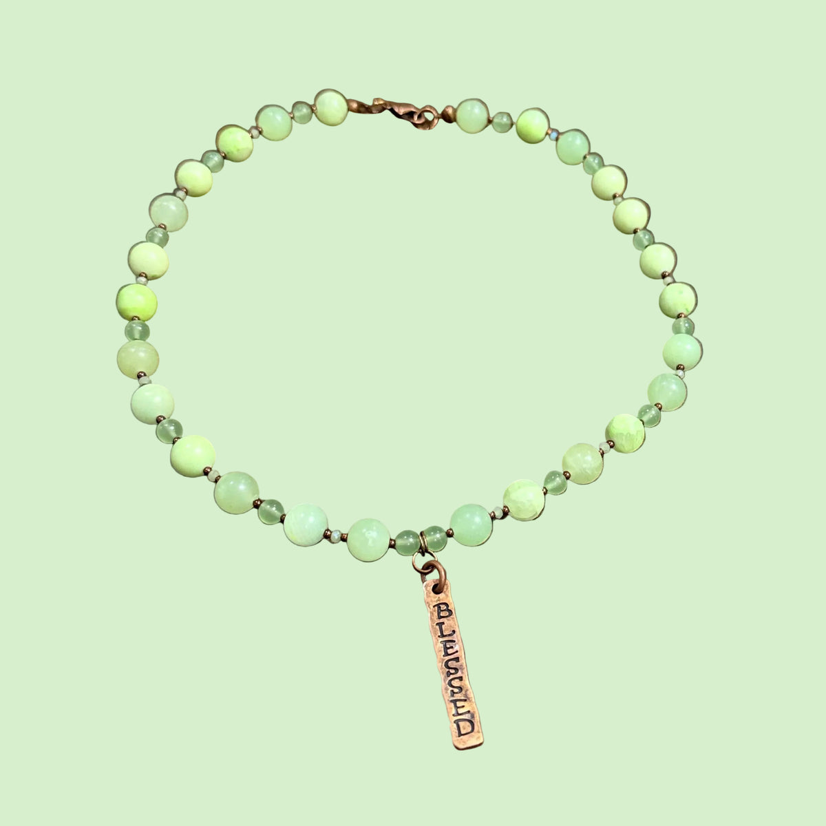 Green Chalcedony Gemstone and Copper Necklace with Blessed Pendant | 19”