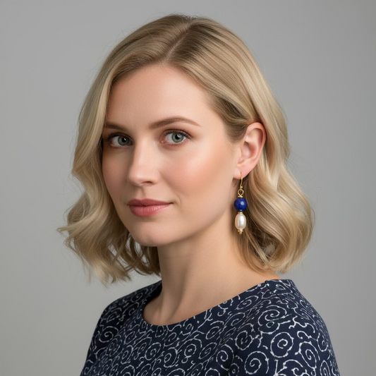 Earrings | Lapis | Freshwater Pearls | 18K Gold-filled Flat Discs | Statement Earrings | 1.75"