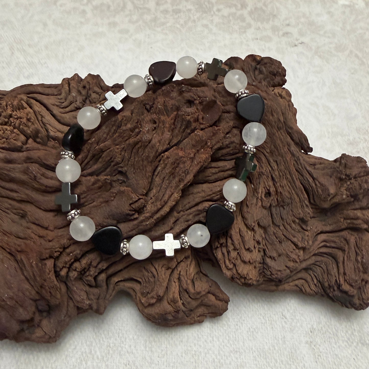 Bracelet | Onyx Mini-hearts | White Moonstone | Hematite Crosses | Stretch