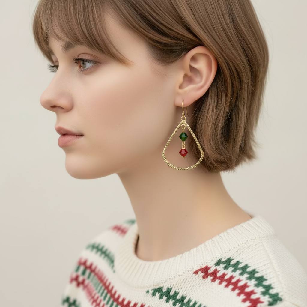Earrings | Hammered Gold-plated Frame |Red and Green Swarvoski Crystals | Christmas | 2"