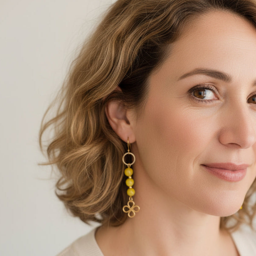 Yellow Jade Earrings with Hand-wrapped Clover Charm