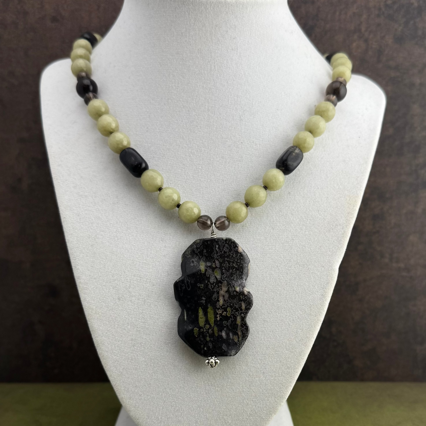 Green Jade with Smokey Quartz & Speckled Ocean Jasper Pendant 23"