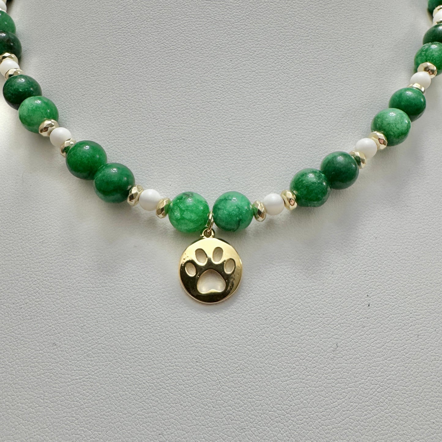 Kyanite, White Beads with 18K Gold-Plated Spacers with Paw Print Pendant Necklace 19"