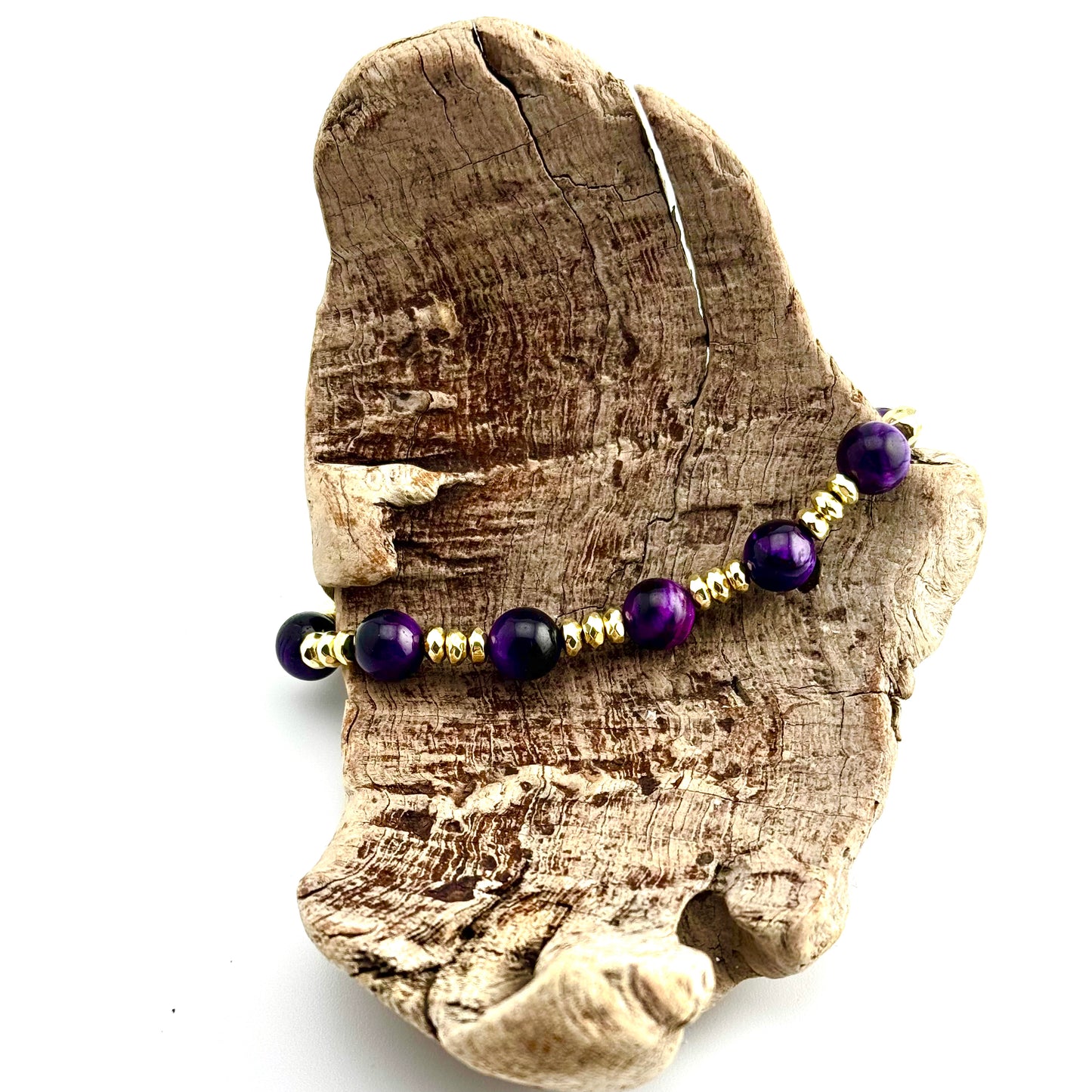 Bracelet |Purple Tigereye Gemstones | 18K Gold-plated Spacer Beads | Triple Disc Bracelets
