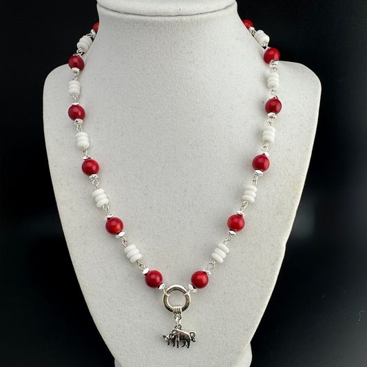 Red, White, and Silver Necklace with Brahman Charm 18"