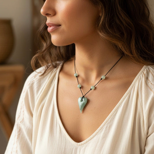Green Jade Leather Necklace | Green Jade Heart Pendant | 16”| 2” Extension