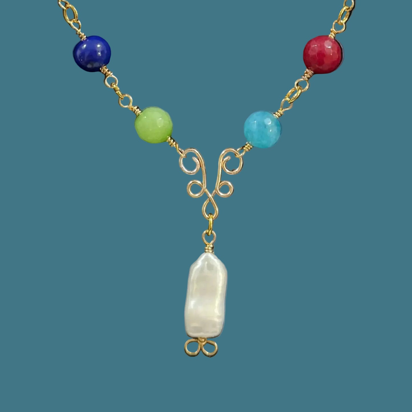 Necklace | Jade Beads | Moonstone | Lapis | Wire-wrapped | 18"