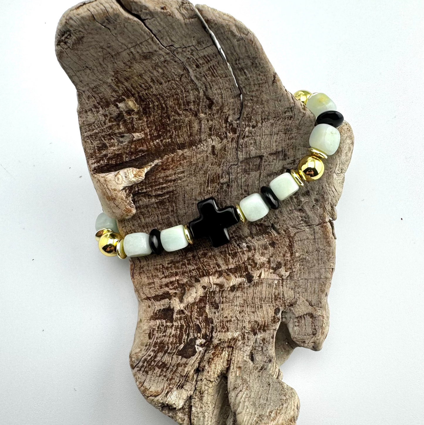 Bracelet | Onyx Cross | Amazonite Barrel Beads | Onyx Saucer BeadsGold-filled Round Beads | Gold-plated Hematite Saucer Beads