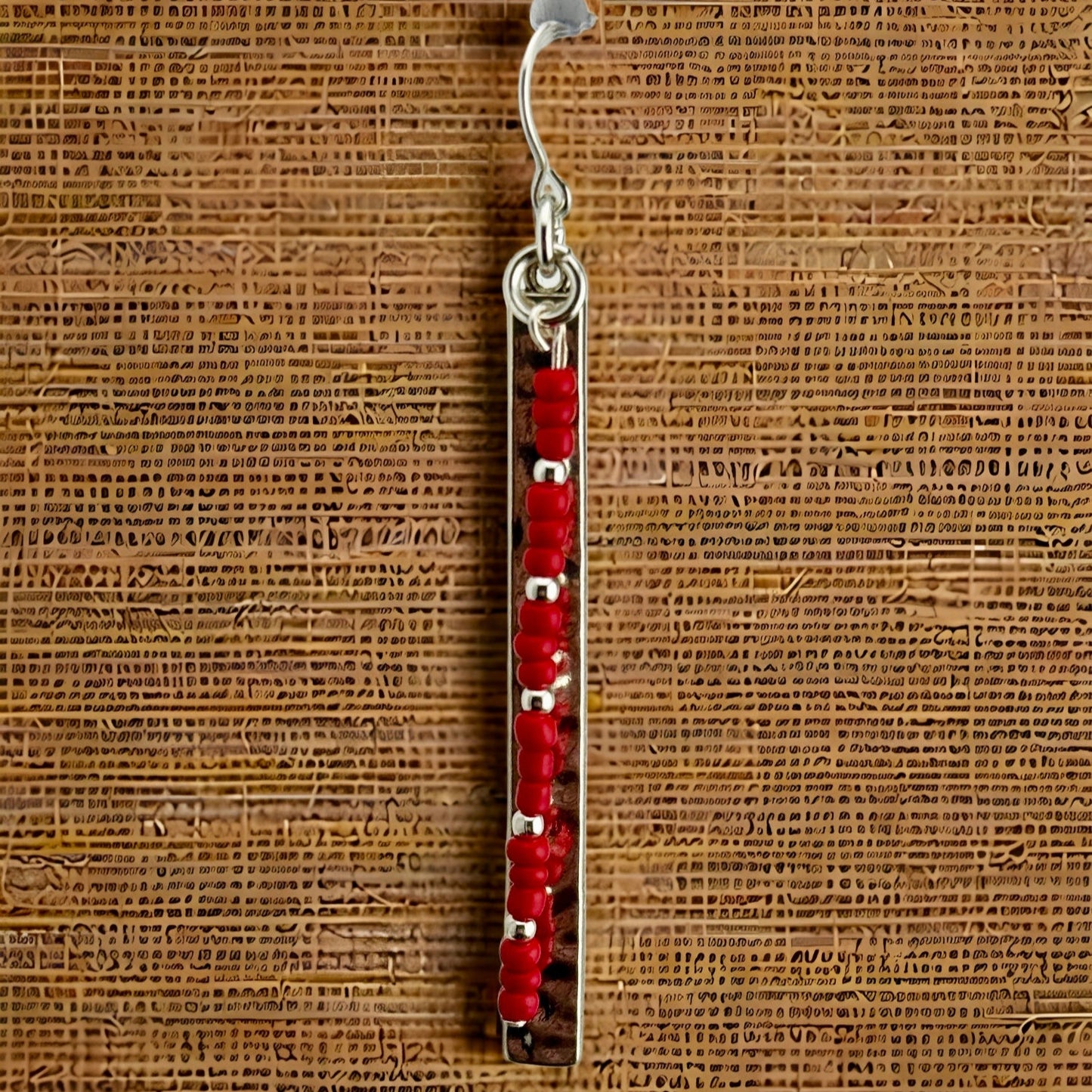 Silver Plated Bar Earrings with Red Seed Beads 3"