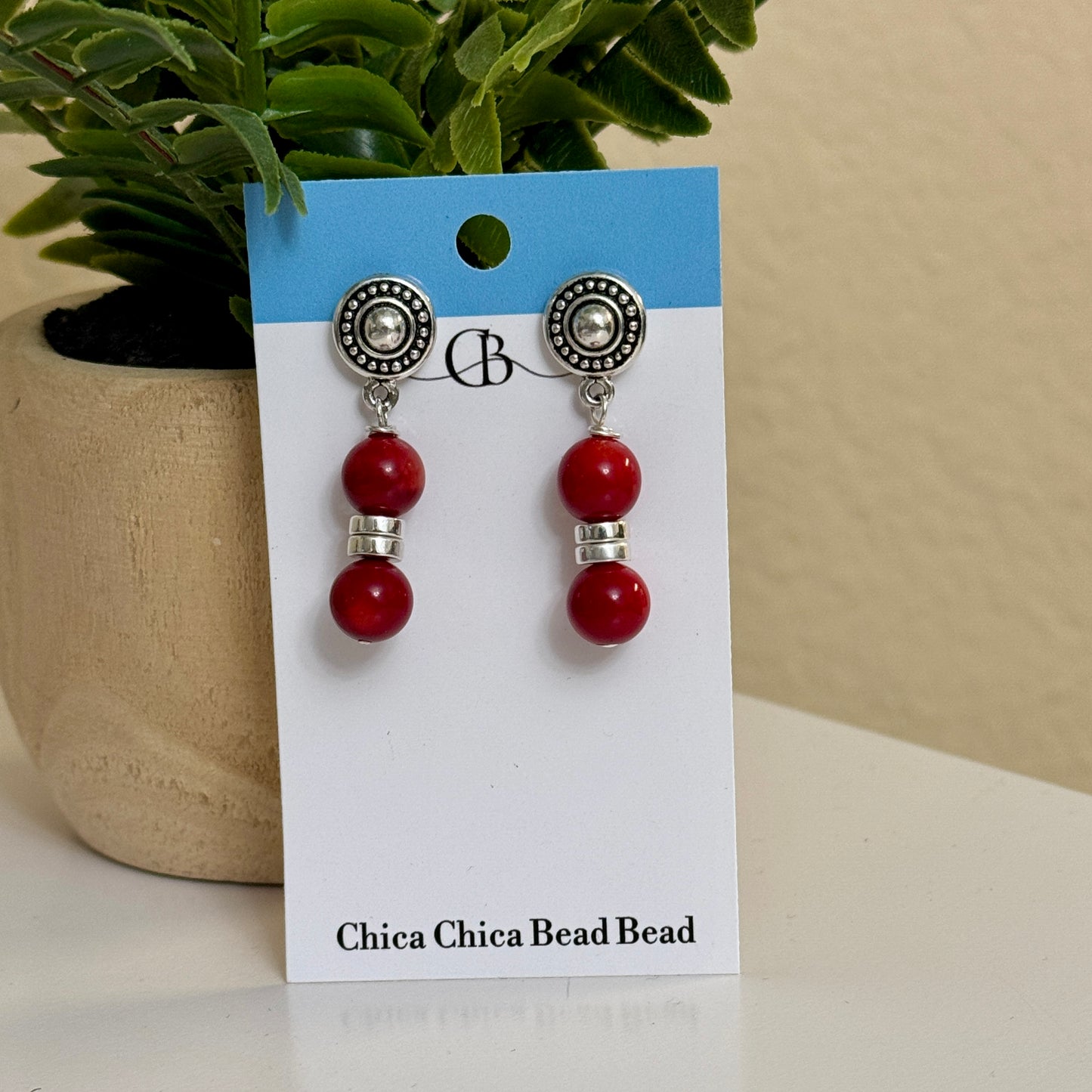 Earrings | Red Sponge Bead | Antique Silver Findings | Beaded Jewelry | 1.5"