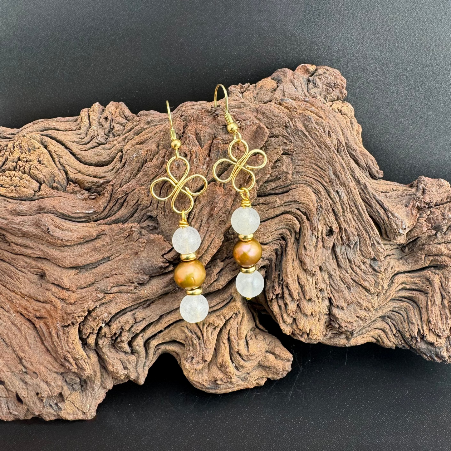Quartz , Bronze Freshwater Pearls, and Gold Dangle Earrings 2.5"
