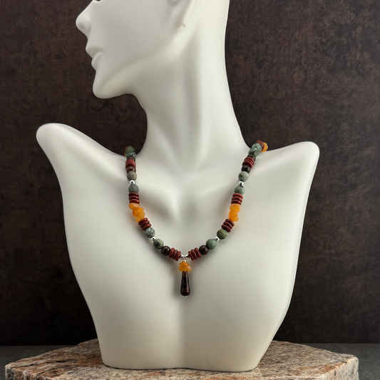 Multi-Colored Neckace with African Turquoise, Amber Chips, and Red Jasper Necklace | 18"