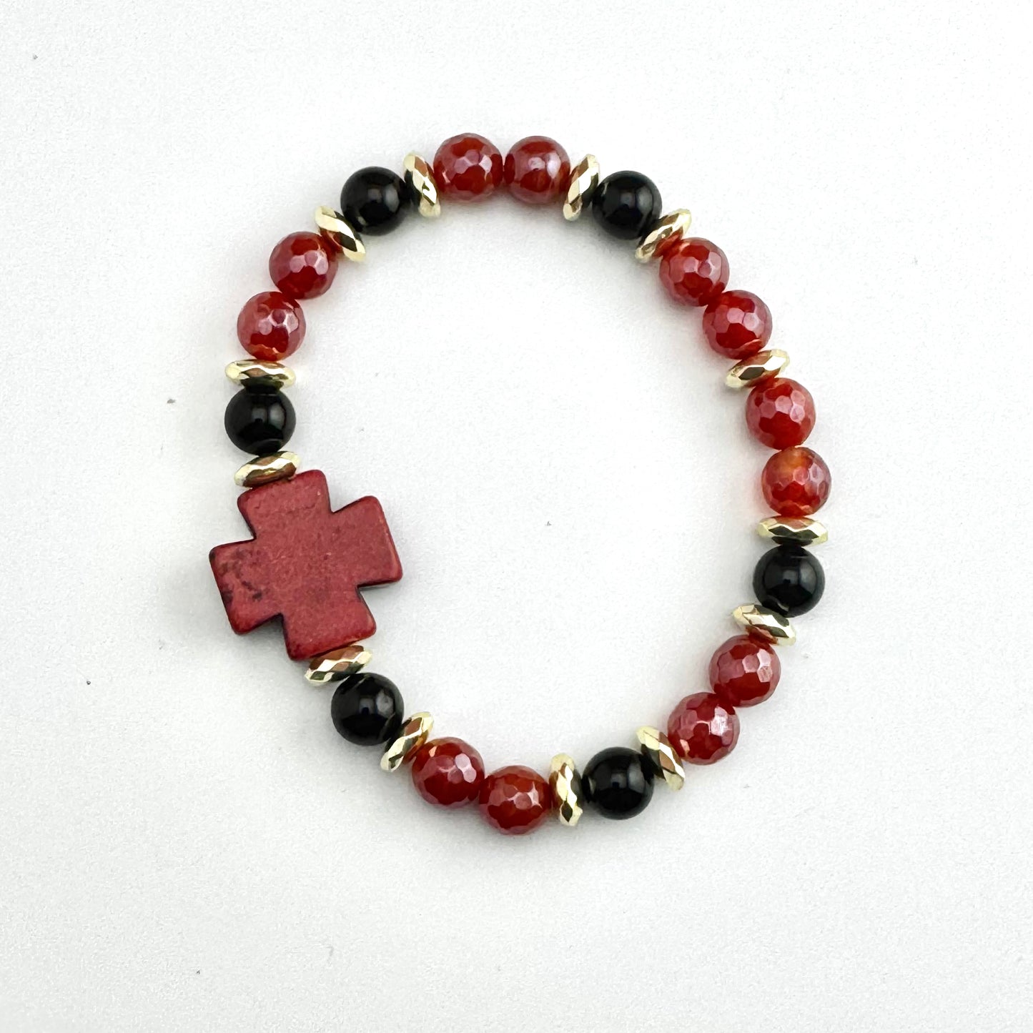 Red Agate | Dyed Cross | Round Onyx | Gold-plated Spacer Beads