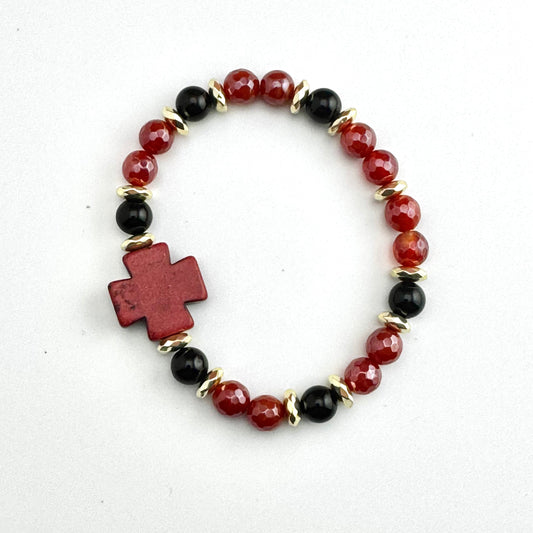 Bracelet |Red Agate | Dyed Cross | Round Onyx | Gold-plated Spacer Beads