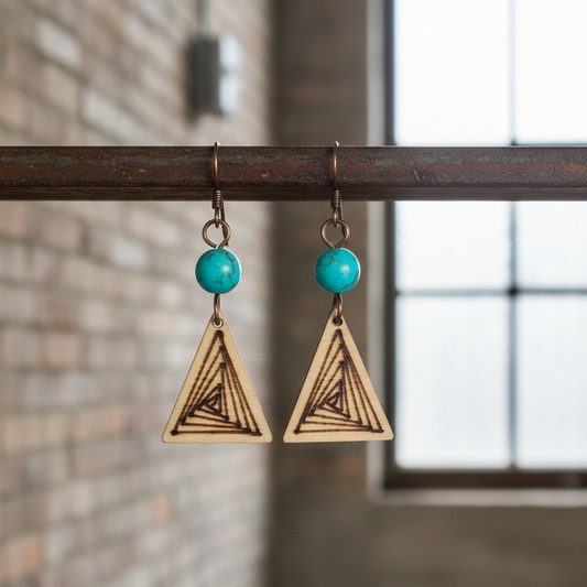 Earrings | Zentangles | Triangle-shapes | Magnesite Turquoise Gemstones | Small Size | 1.5"