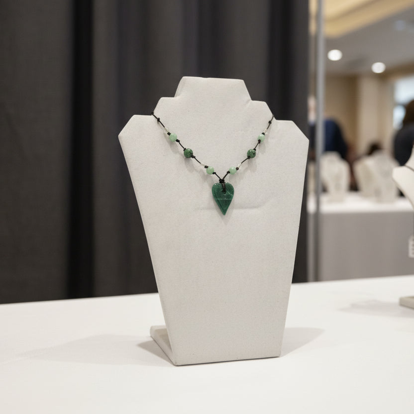 Leather Necklace | Green Aventurine Heart Pendant | Green Jade Beads | Misty Agate Beads | 16" | 2” Extention