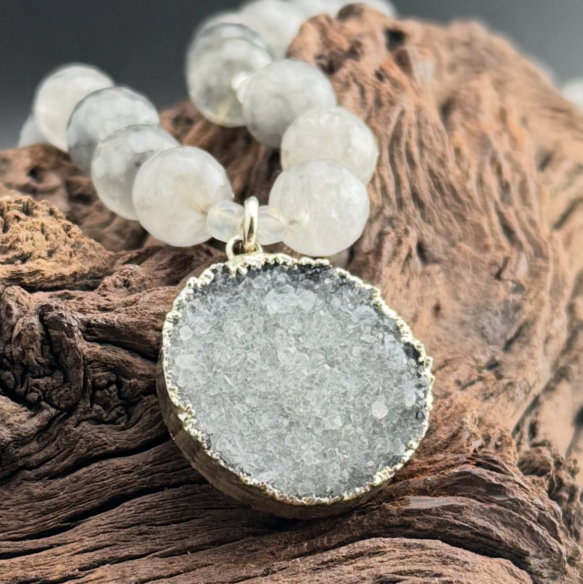 Gray Agate Necklace with Druzy Pendant 17”