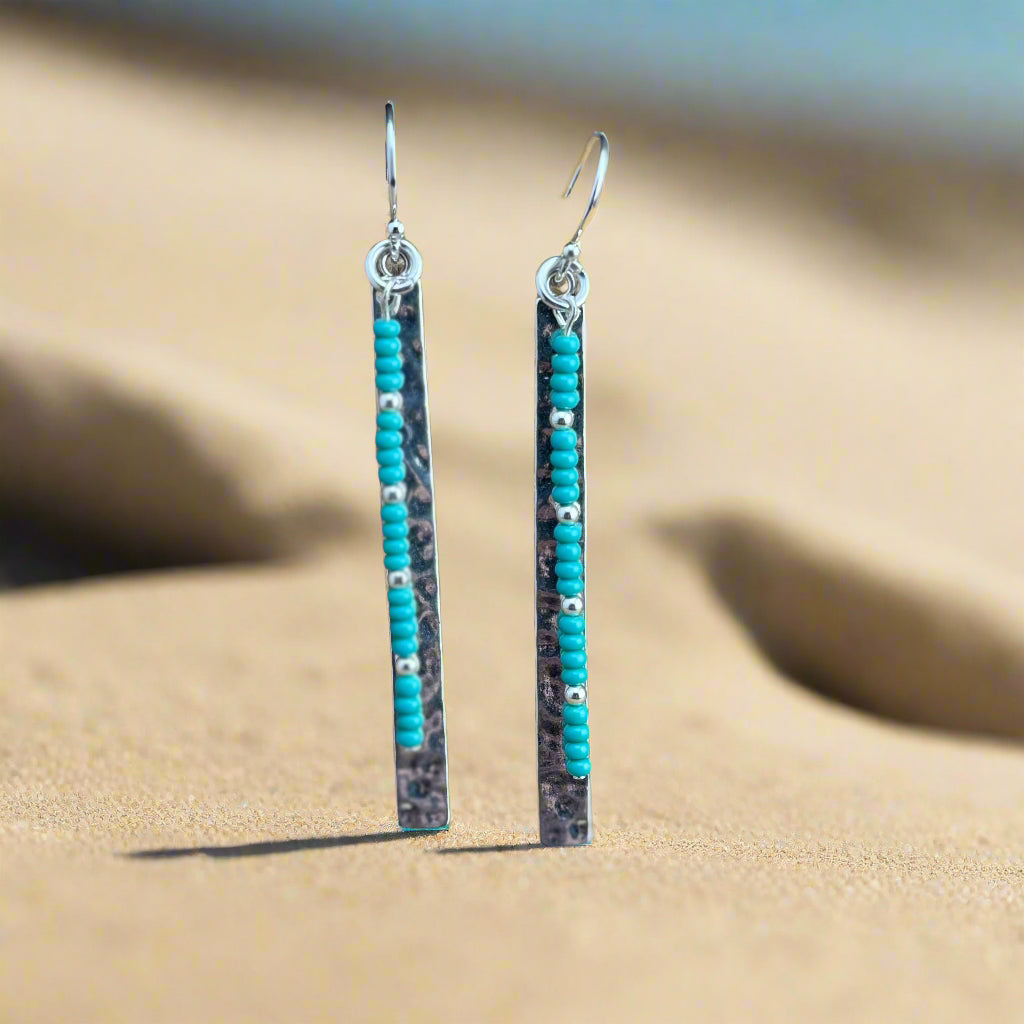 Silver Plated Bar Earrings with Turquoise Seed Beads 3"