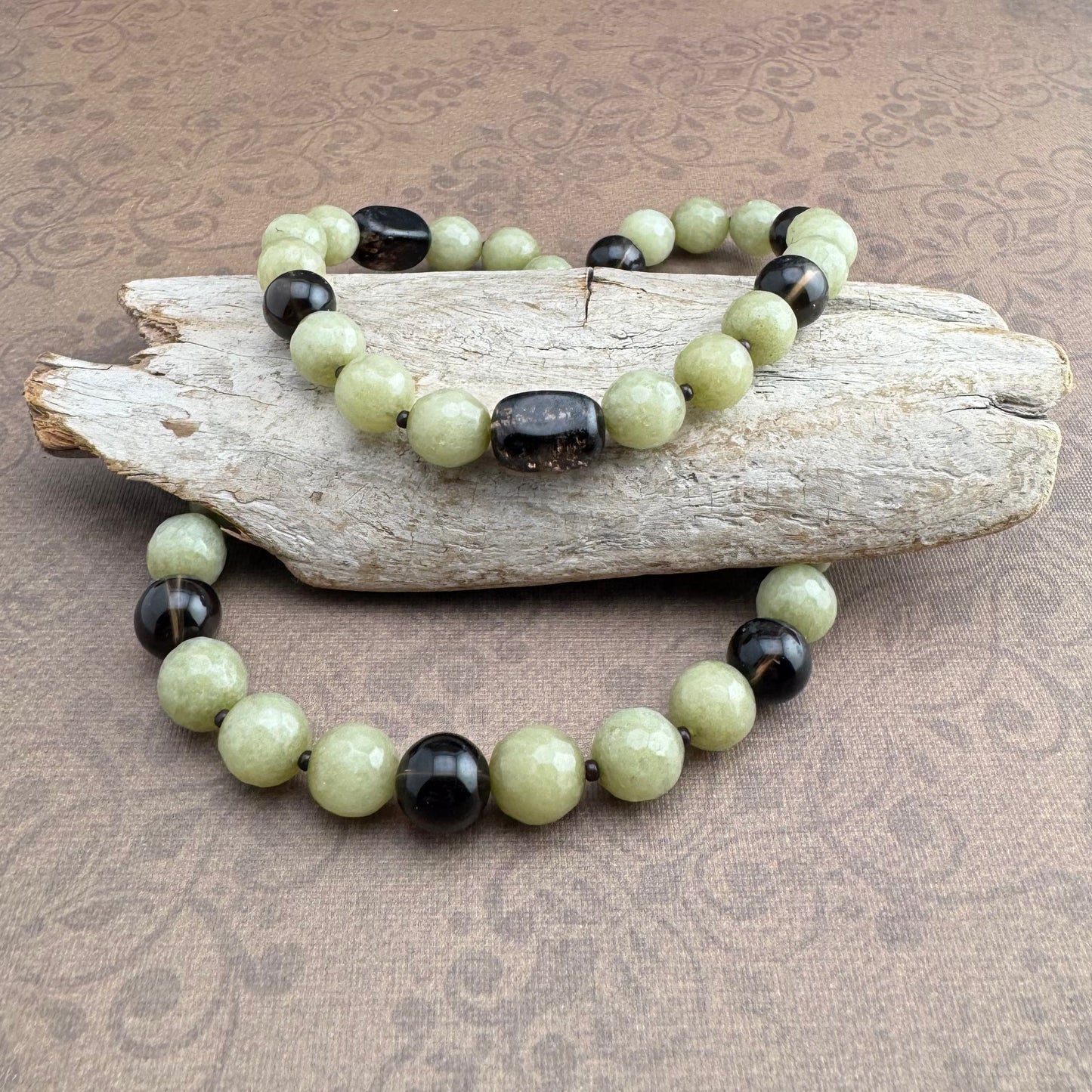 Green Jade with Smokey Quartz Necklace 20"