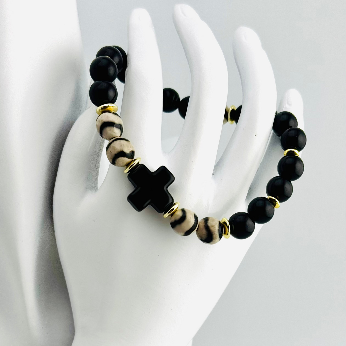 Bracelet | Zebra Jasper | Onyx Cross | Onyx Beads | Gemstones | 18K Gold-plated Hematiteh