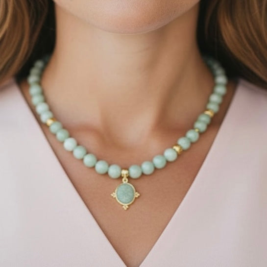 Green Jade Necklace featuring a Beautiful Carved Amazonite Pendant 16” with 2” Extension