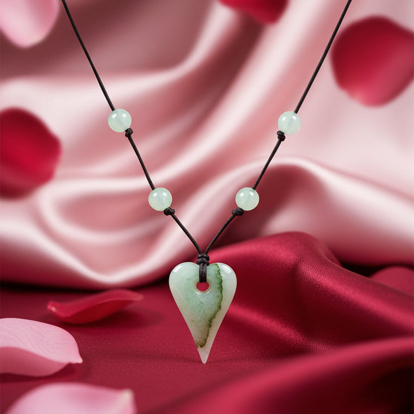 Green Jade Leather Necklace | Green Jade Heart Pendant | 16”| 2” Extension