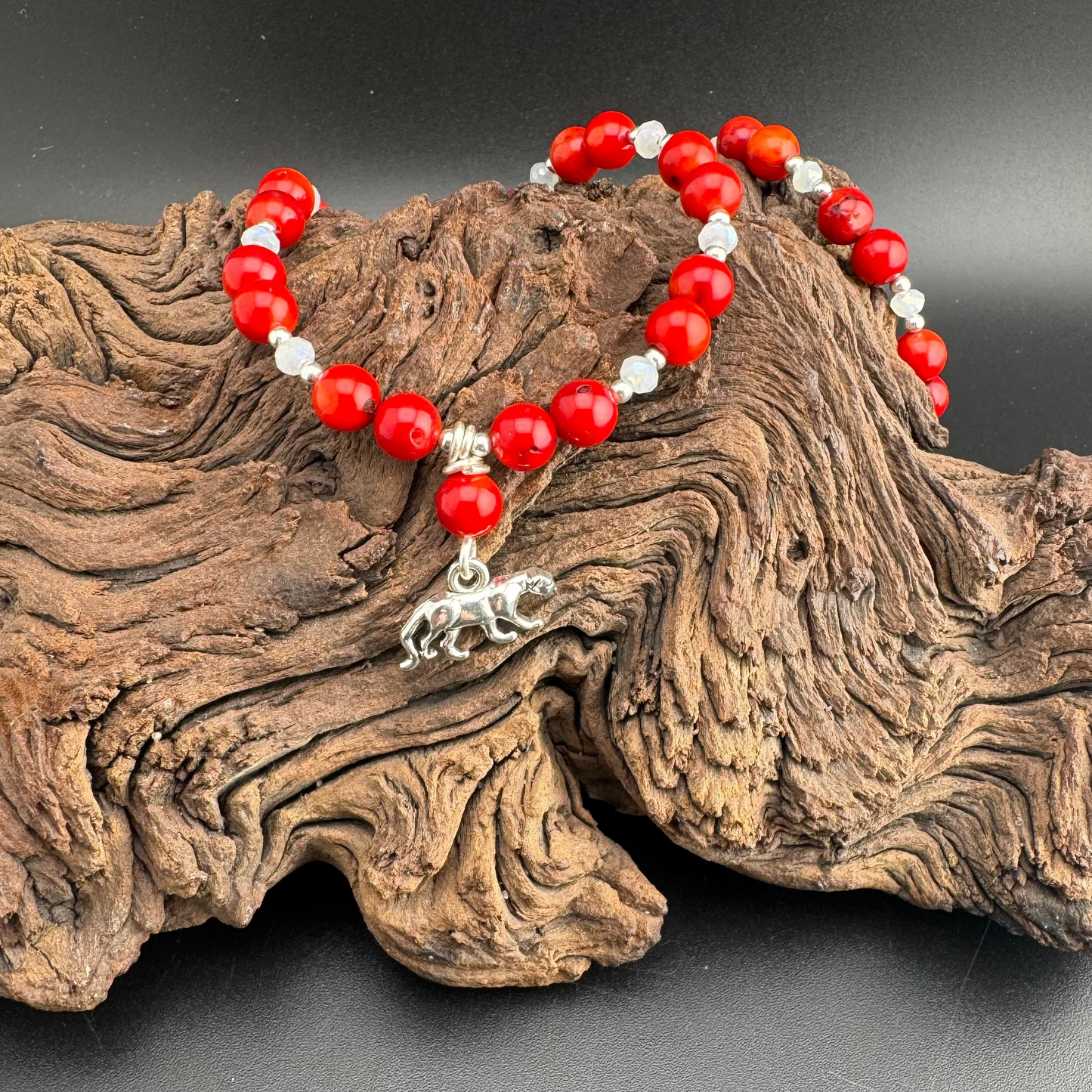 Red and White Necklace with Panther Charm 18"