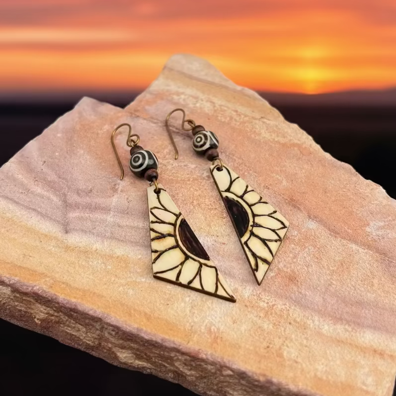 Earrings | Triangles |Zentangled Sunflower Design | Wood-burn | Nepali Bone Beads | 3"