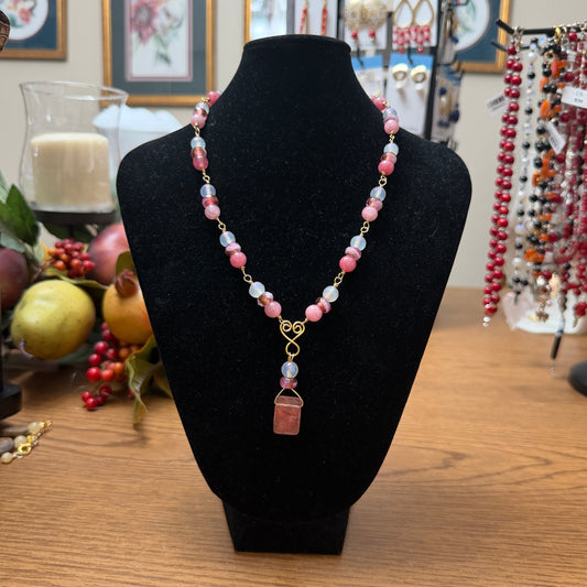 Necklace| Cherry Quartz | Wire-wrapped Connectors | Pink Jade | Glass Czech Beads | Moonstone | 16”