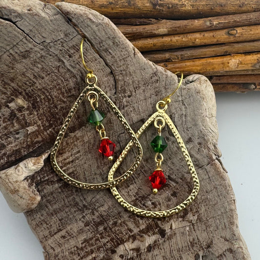 Earrings | Hammered Gold-plated Frame |Red and Green Swarvoski Crystals | Christmas | 2"