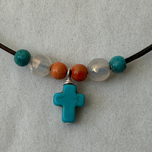 Necklace | Leather | Minimalist | Turquoise Magnesite Mini-Cross | Misty Agate Beads | Spiny Oyster | 14” | 2” Extension