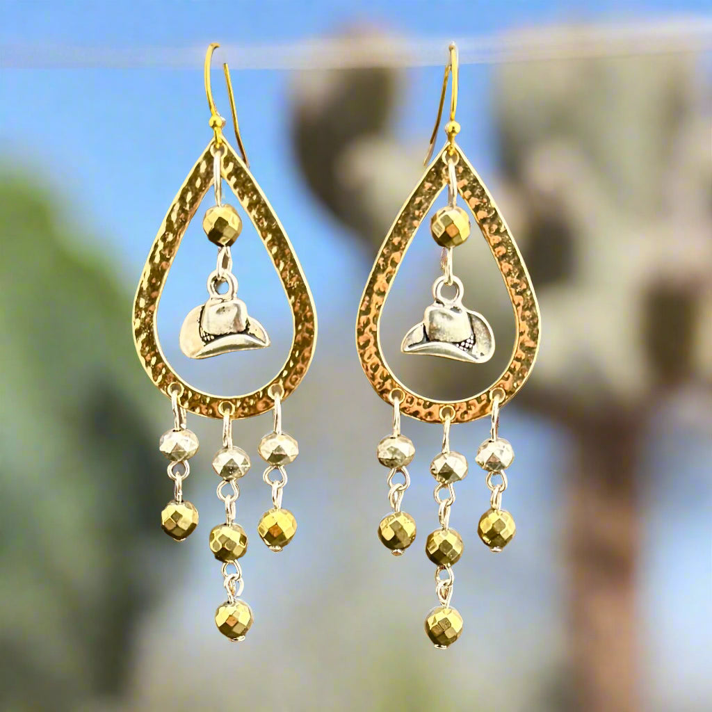 Southwest Chandelier Earrings with Cowboy Hat Charms 3.5"