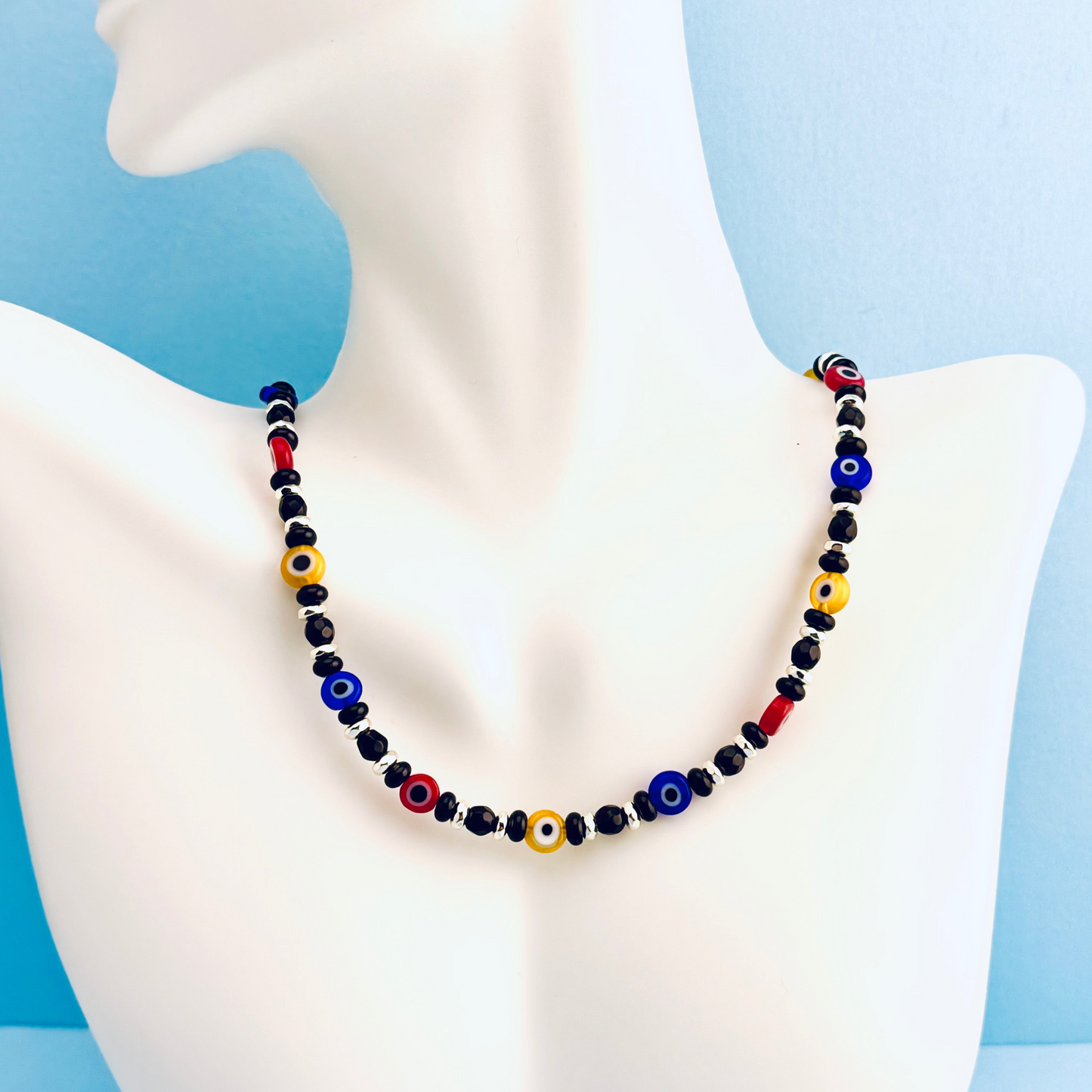 Necklace | Multi-colored Evil Eye Glass Beads | Onyx Gemstones | Silver Plated Hematite | 16"