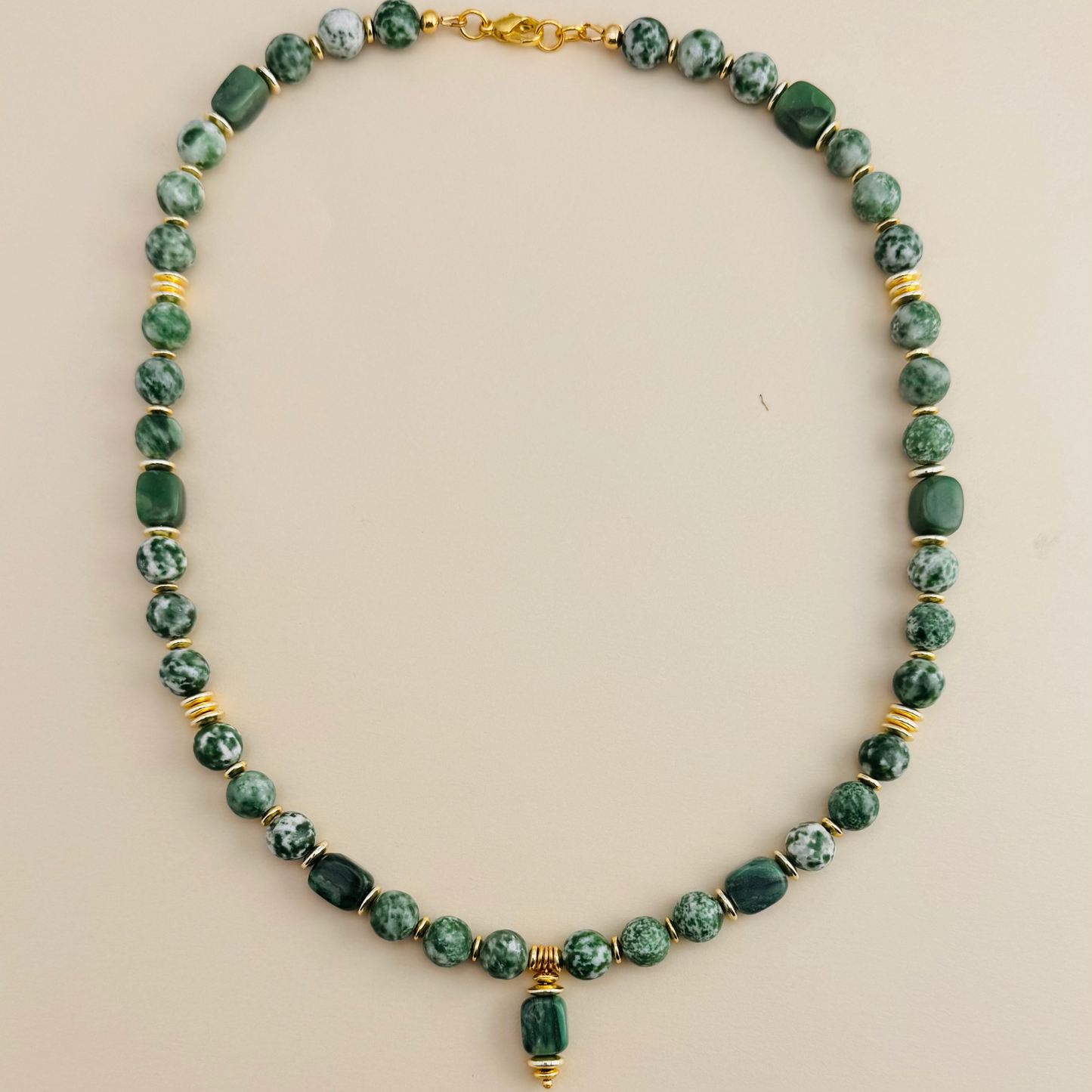 Necklace | Moss Agate Gemstones | Nephrite Jade Cube Beads |18K Plated spacers | 18”