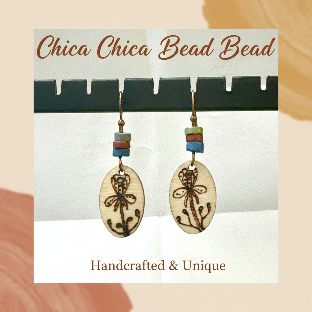 Earrings | Zentangles | Oval Shape | Flower Design | Multi Colored Flat Spacer Beads | Wood-burned | 1.5”