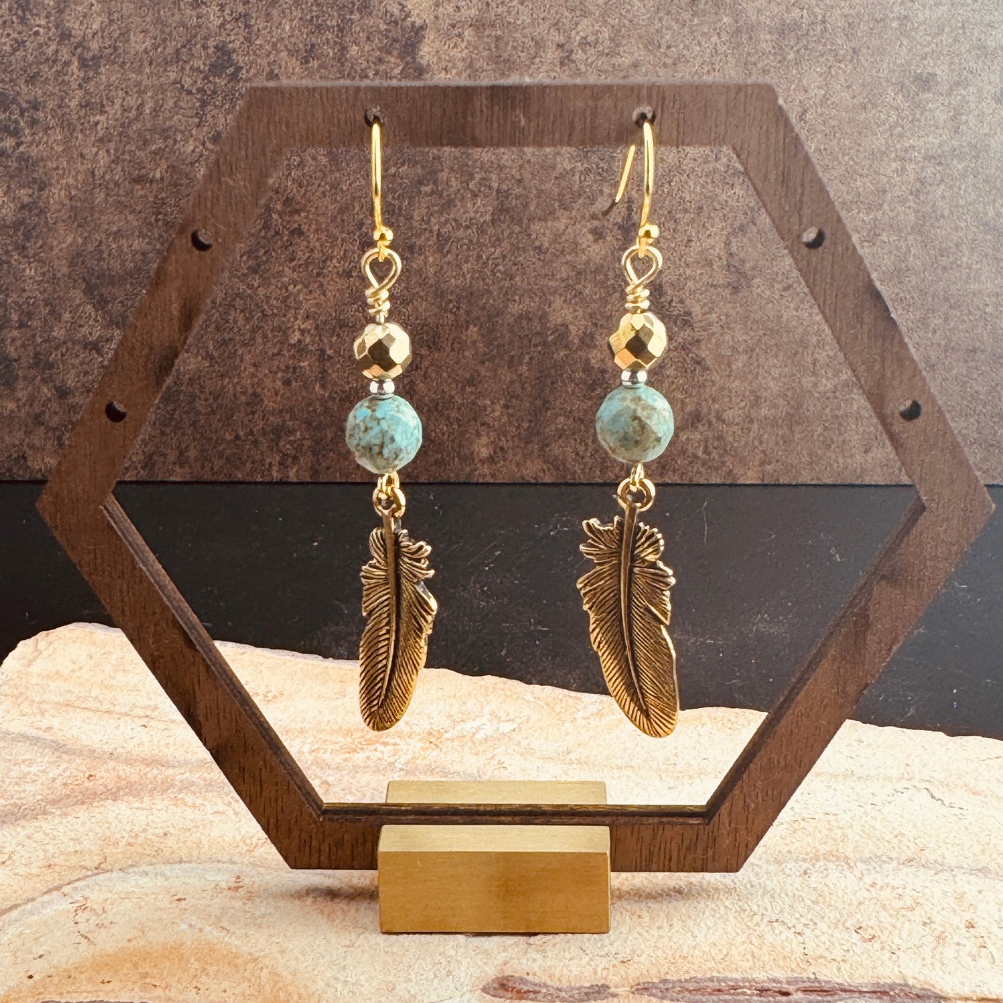 Magnesite Turquoise & Gold Feather Earrings 2.5" I