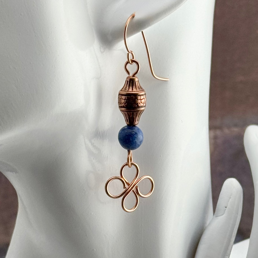 Earrings : Sodalite Gemstones | Wire-Wrapped Clover Designs | Copper-plated Decorative Beads | 2.5"